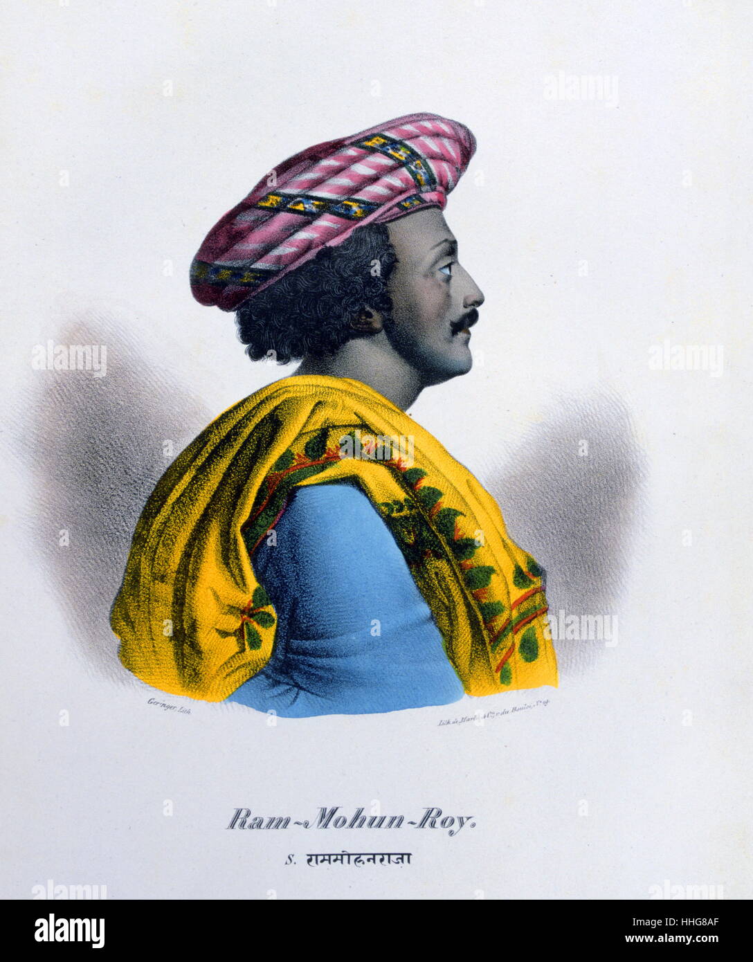 Raja Ram Mohan Roy (1772 - 1833) Fondateur du Brahmo Sabha en 1828, mouvement qui engendre le Brahmo Samaj, un mouvement de réforme socio-religieuse. Lithographie de Marlet 1828 Français Banque D'Images