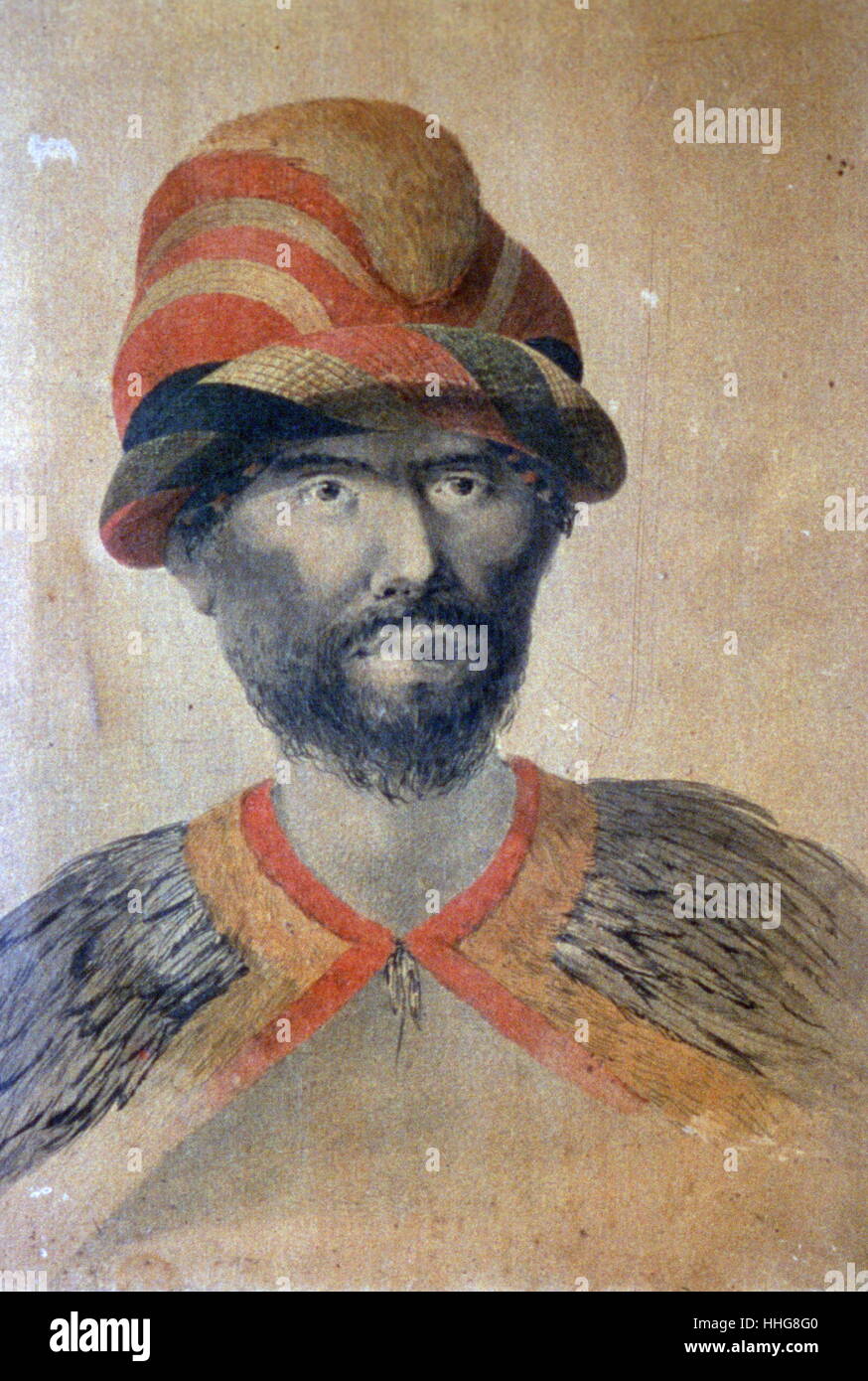 Native Hawaiian en tenue de cérémonie en drapeau ; par John Webber (1751 - 1793) ; l'artiste anglais qui avait accompagné le capitaine Cook lors de son troisième Pacifique expédition dans le Pacifique (1776-80) à bord du HMS Résolution. Banque D'Images