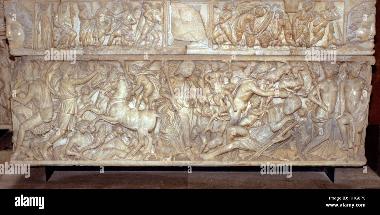 Endymion sarcophage gallo-romain. Endymion dormant, détail d'une scène avec la légende d'Endymion et Séléné. Groupe d'un sarcophage en marbre, début du 3e siècle AD. Trouvé en 1806 à Saint-Médard d'Eyrans, France Banque D'Images