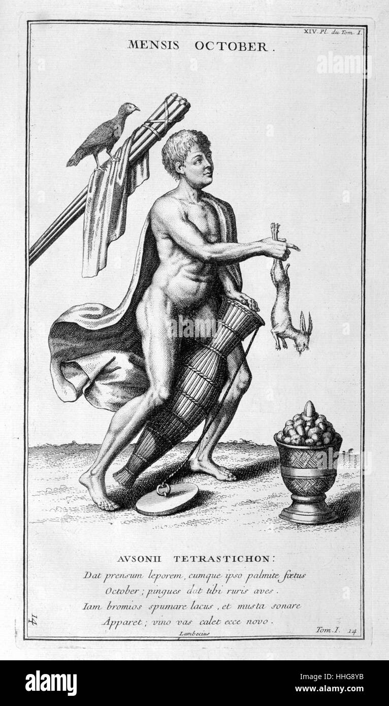 Octobre représenté comme un homme tirant un lièvre à partir d'un panier. Supplément à l'illustration de l'antiquité expliquée et representée en chiffres" ; (vol. 1-15, Paris, 1719-1724) par Dom Bernard de Montfaucon, (1655 - 1741), un moine bénédictin français. Il était un fin érudit qui a fondé la discipline de la paléographie, il est considéré comme l'un des fondateurs de l'archéologie moderne. Banque D'Images
