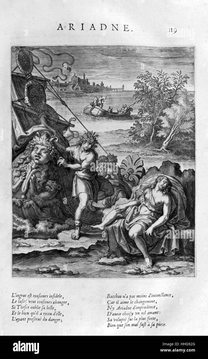 Ariadne. Les images de la plaque ou Tableaux De platte peinture des deux Philostrates Sophistes Grecs, par Blaise de Vigenère, Paris, 1615. Circa 1615, gravure par Leonard Gaultier. Gaultier, ou Galter, était un graveur français, né à Mayence à propos de 1561, et est mort à Paris en 1641. Ariadne (dans la mythologie grecque), fille de Minos, Roi de Crète, est surtout associée aux dédales et labyrinthes en raison de son implication dans les mythes du Minotaure et de Thésée Banque D'Images