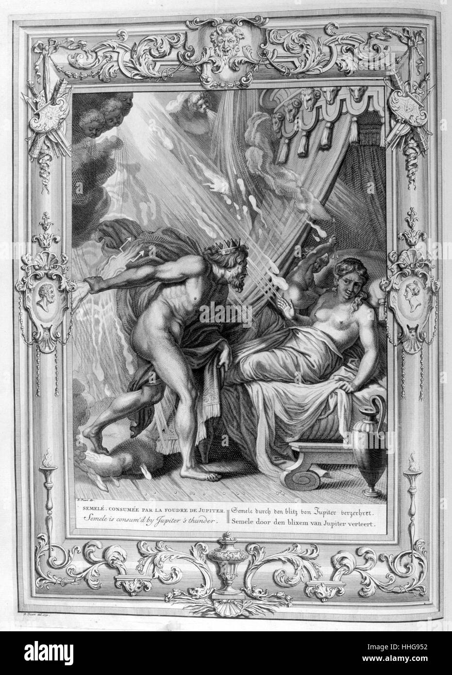 Sémélé consumée par le feu de Zeus. Illustration gravée à partir de 'Le temple des Muses", 1733. Ce livre remarquable de l'antiquité les événements représentés dessiné et gravé par Bernard Picart (1673-1733). Sémélé dans la mythologie grecque, était la fille du héros et Béotienne Cadmus Harmonia. Elle est devenue la mère mortelle Dionysos par Zeus. Banque D'Images