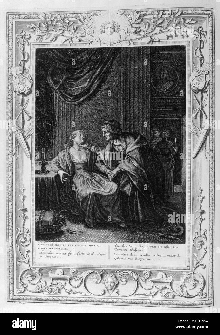 Leucothoe séduit par Apollo. Illustration gravée à partir de 'Le temple des Muses", 1733. Ce livre remarquable de l'antiquité les événements représentés dessiné et gravé par Bernard Picart (1673-1733). Dans la mythologie grecque, Leucothea a été l'un des aspects sous lesquels une ancienne déesse de la mer a été reconnu Banque D'Images