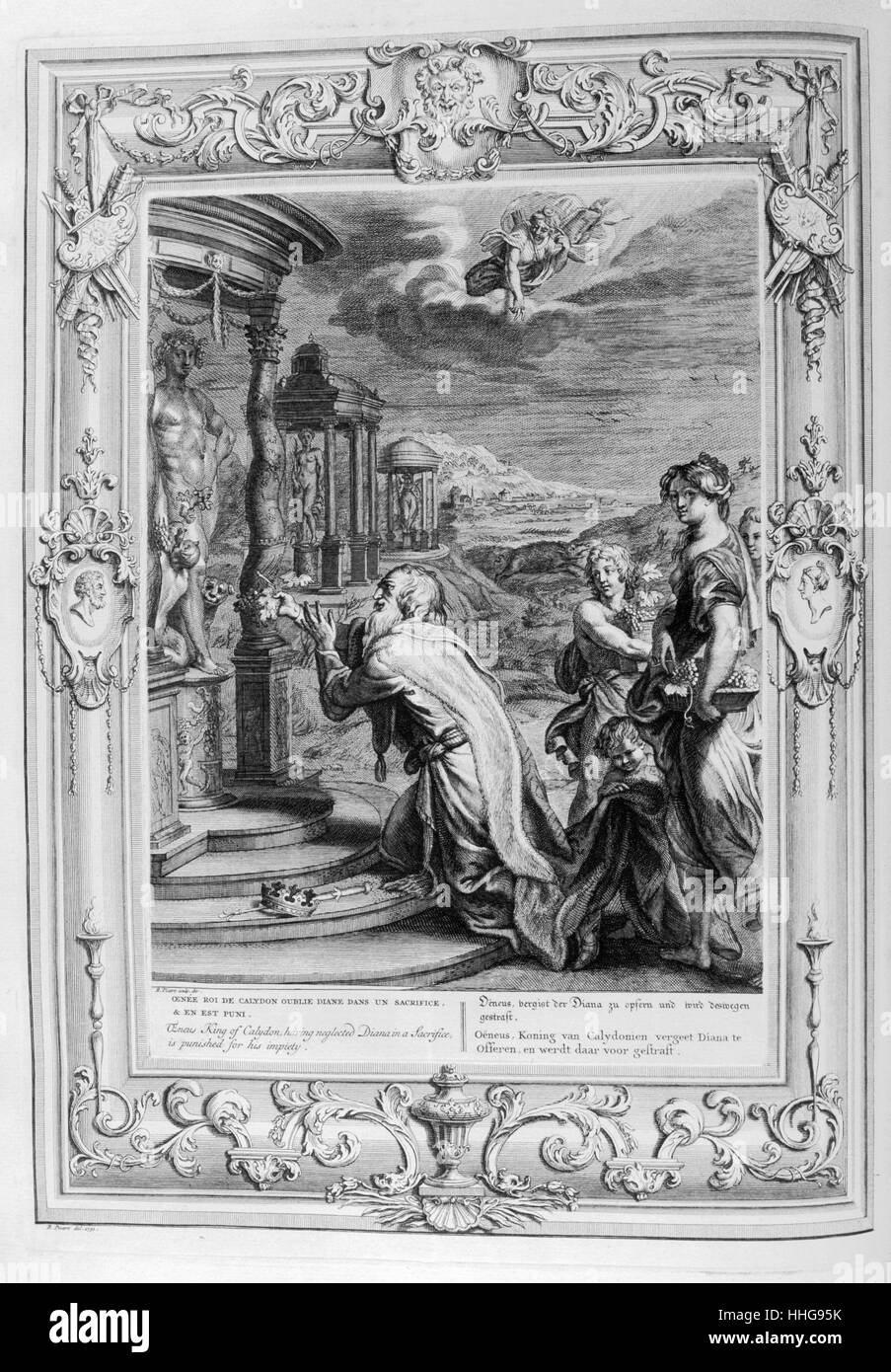 Oenus Roi de Calydon fait un sacrifice aux dieux. Illustration gravée à partir de 'Le temple des Muses", 1733. Ce livre remarquable de l'antiquité les événements représentés dessiné et gravé par Bernard Picart (1673-1733). Dans la mythologie grecque, Oeneus / ? ?n ?ju ?s/ (Grec ancien : ? ? ? ? ? ?, Oineús) était un roi, fils de Calydonian et Porthaon Euryte, époux d'Althaea Banque D'Images