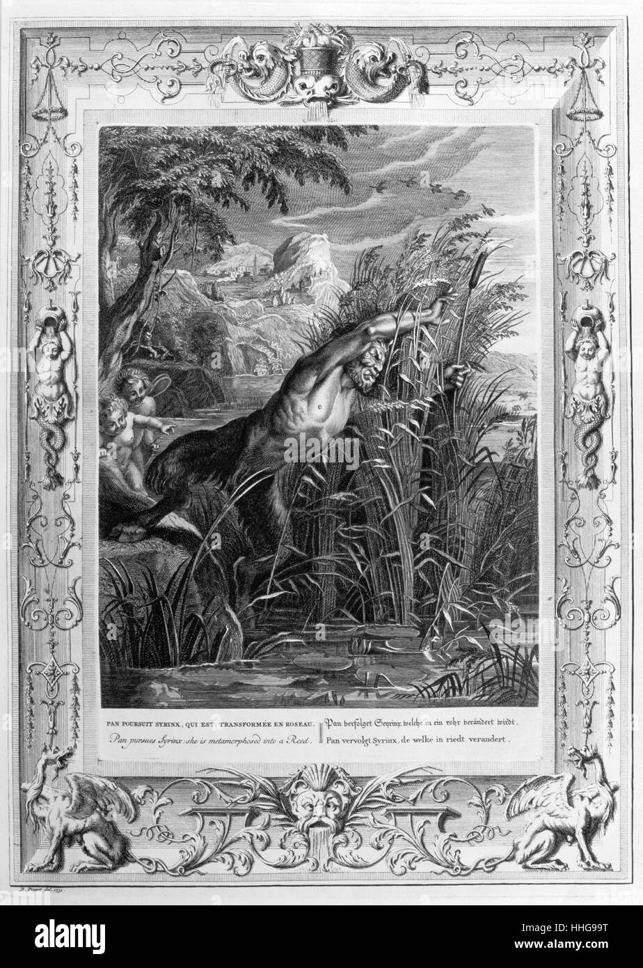 Poursuites Pan Syrinx. Gravure représentant Jason et les Argonuats. Illustration gravée à partir de 'Le temple des Muses", 1733. Ce livre remarquable de l'antiquité les événements représentés dessiné et gravé par Bernard Picart (1673-1733). Dans la mythologie classique, syrinx est une nymphe. Poursuivi par l'amoureux de dieu grec Pan, elle courut jusqu'à une rivière et a sollicité l'aide de la rivière nymphes. Elle a été transformé en roseaux de Hollow Water. Pan coupé les roseaux à la mode du premier jeu de flûte de pan, qui étaient désormais connu sous le nom de syrinx. Le mot seringue a été dérivé de ce mot. Banque D'Images