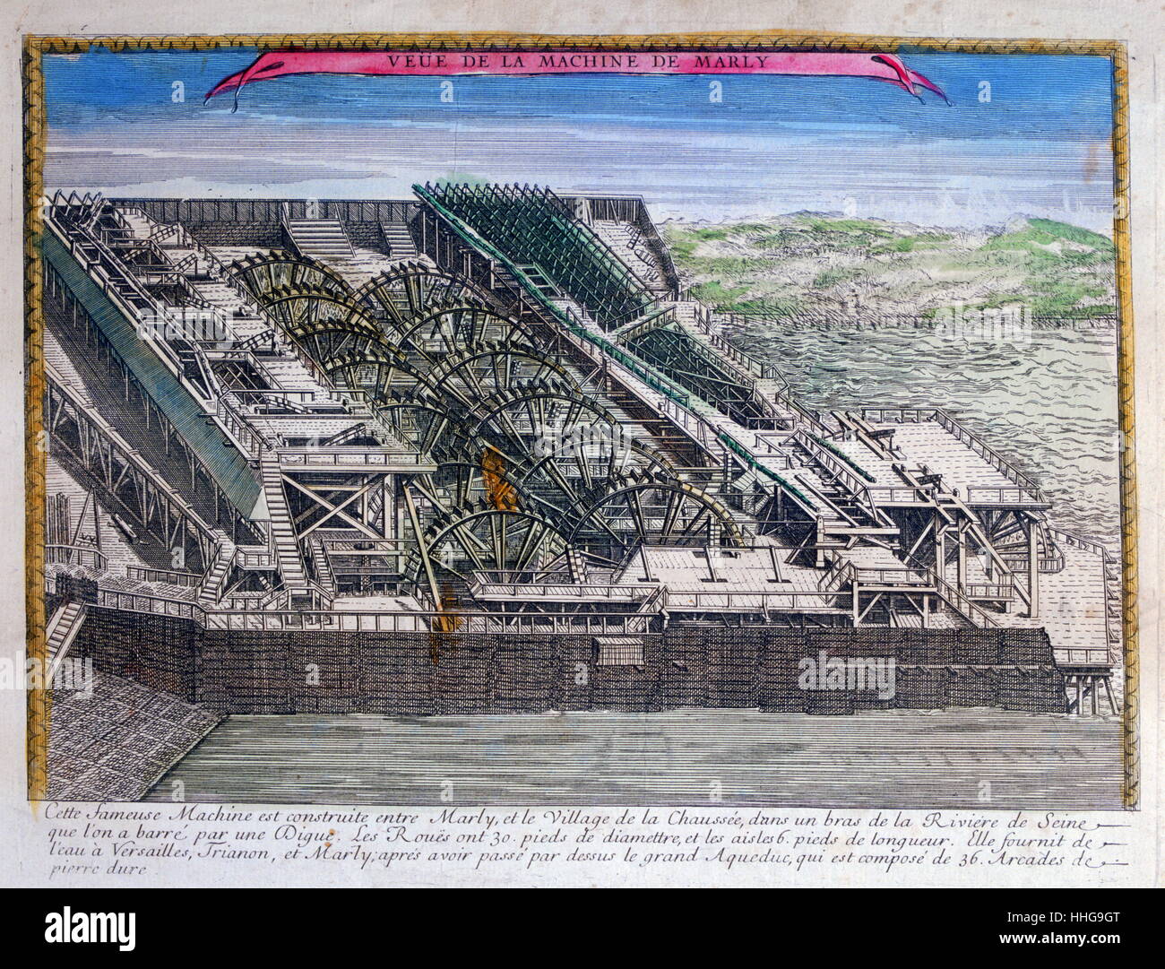 La machine de Marly, également connu sous le nom de la machine de Marly ou la machine de Marly, a été un grand système hydraulique en Yvelines, France, construit en 1684 pour pomper l'eau de la Seine et le livrer au château de Versailles. Banque D'Images