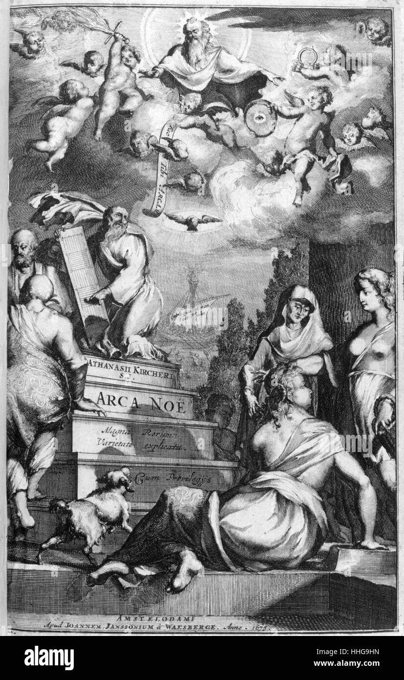 Arca Noe, (bâtiment de l'arche), par Athanase Kircher (1602-1680). Amsterdam 1675 publié. Athanase Kircher, un jésuite, était un polymathe et jésuite. La Noë Arca était fondée sur une stricte orthodoxie catholique. Il y décrit l'état du monde avant et après le déluge, lyriquement concerne les actions de Noé, et s'emploie à dépeindre l'arche elle-même. Banque D'Images