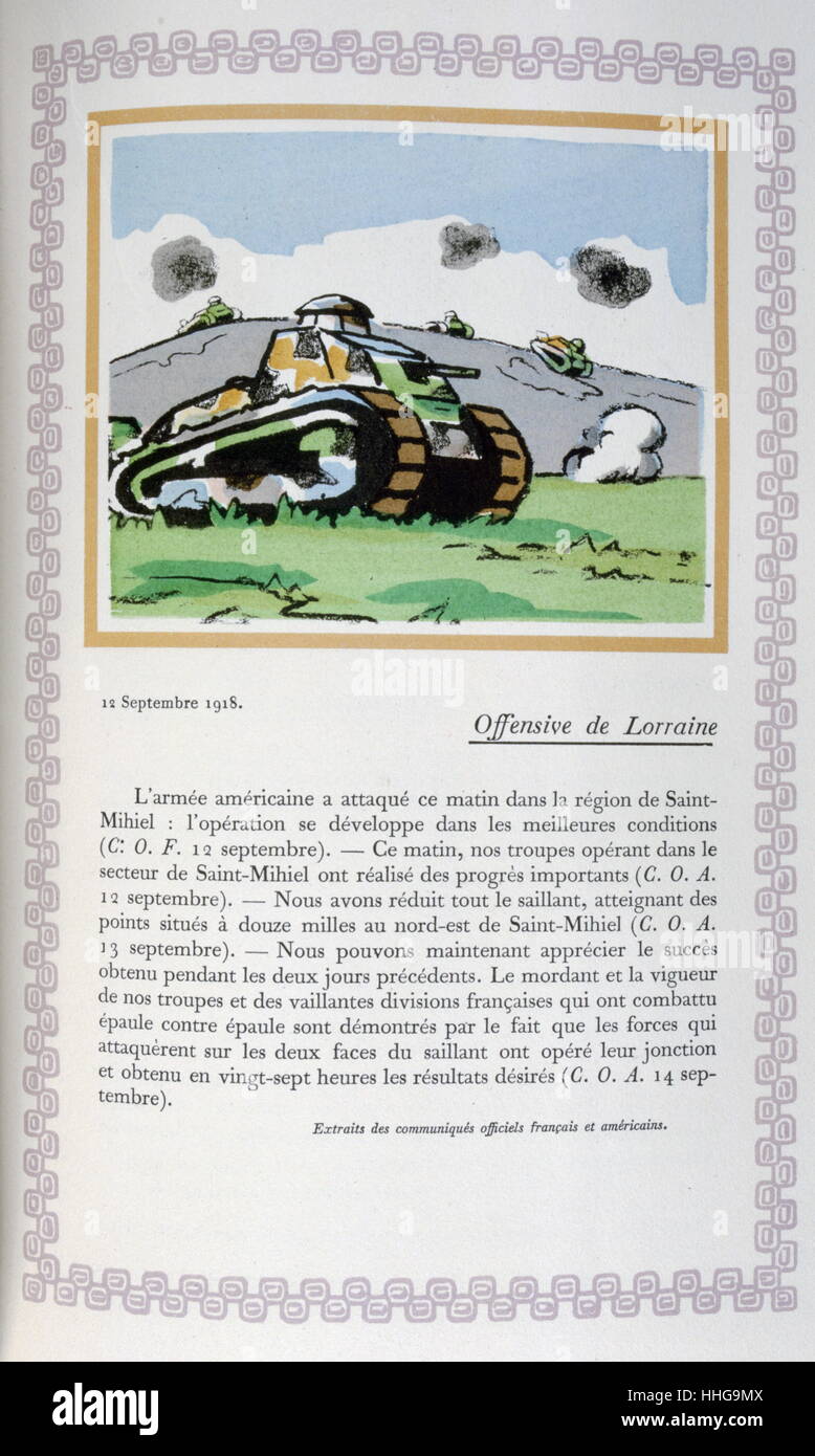 Au cours de la bataille de réservoir en Lorraine, France, septembre 1918. La première guerre mondiale. Illustration, par André Helle, pseudonyme d'André Laclotre, peintre français et artiste, illustrateur, 1871 - 1945 Banque D'Images