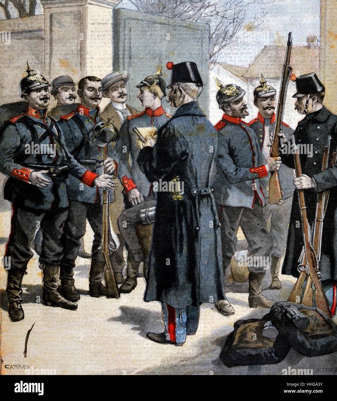 Les soldats allemands désert à la garde française en Alsace Lorrain 1896 Banque D'Images