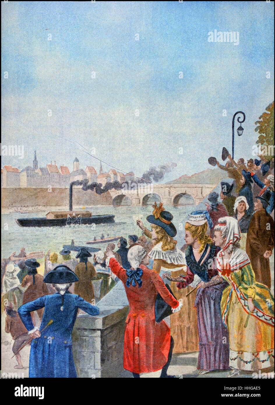 Claude-François-Dorothée, marquis de Jouffroy d'Abbans (30 septembre 1751 - 18 juillet 1832) est réputé pour être le premier inventeur du bateau à vapeur. 1783, Jouffroy d'Abbans fait un essai avec un bateau de 150 pieds sur la Saône, France. Banque D'Images