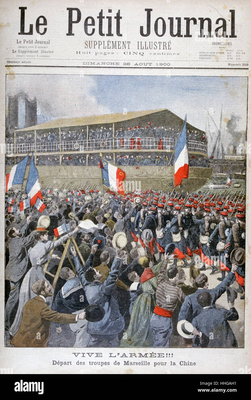 Les forces françaises partent de Marseille pour lutter contre la Révolte des Boxers, en 1900. La Révolte des Boxers ou Yihequan était un mouvement anti-étrangers violents et anti-chrétien soulèvement qui a eu lieu en Chine entre 1899 et 1901, vers la fin de la dynastie Qing. Il a été lancé par l'Organisation des milices dans la justice (Yihetuan), connu en anglais comme le 'Boxers', et a été motivée par des proto-sentiments nationalistes, et l'opposition à l'expansion impérialiste et l'activité missionnaire chrétienne associés. Banque D'Images