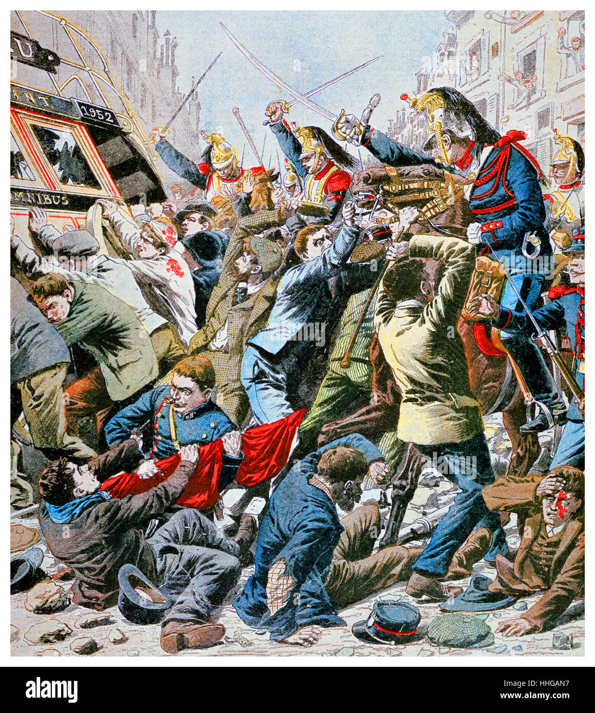 Charge de cavalerie protestataires lors d'émeutes à Paris le jour de mai. Illustration pour le Petit Journal, 13 mai 1906. Banque D'Images