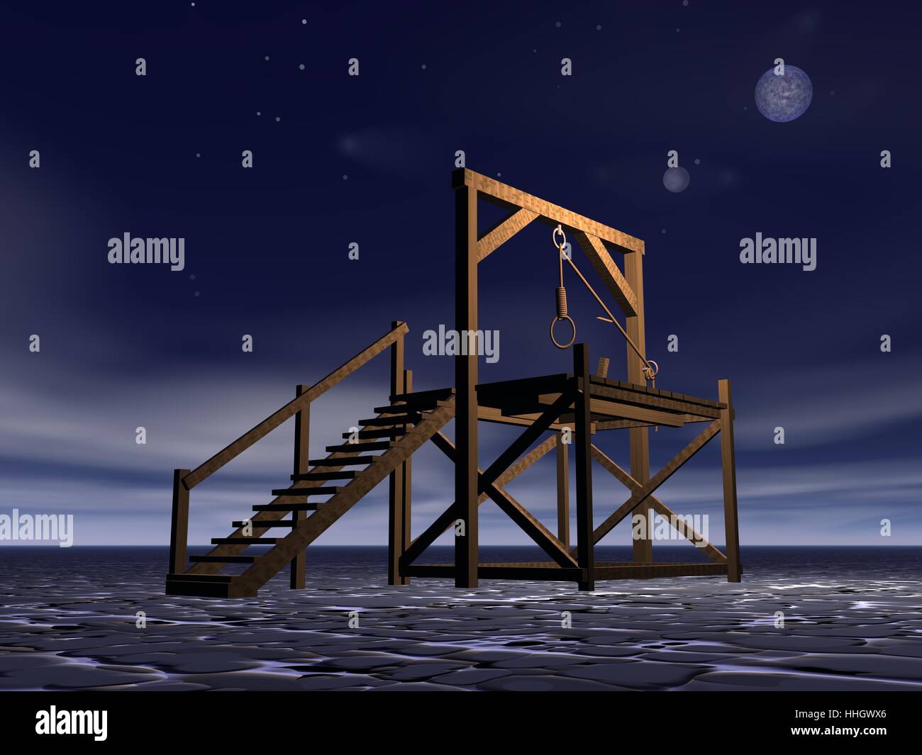 Potence médiévale faite de bois par nuit de pleine lune avec Banque D'Images