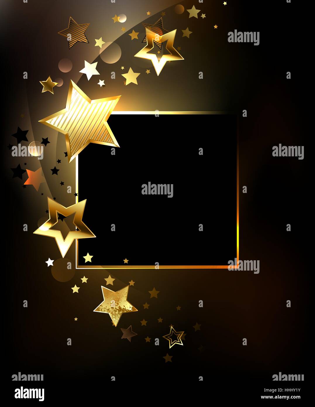 Bannière carrée avec de l'or, bijoux étoiles qui brillent sur un fond noir. Conception avec étoiles. Golden Star. Illustration de Vecteur