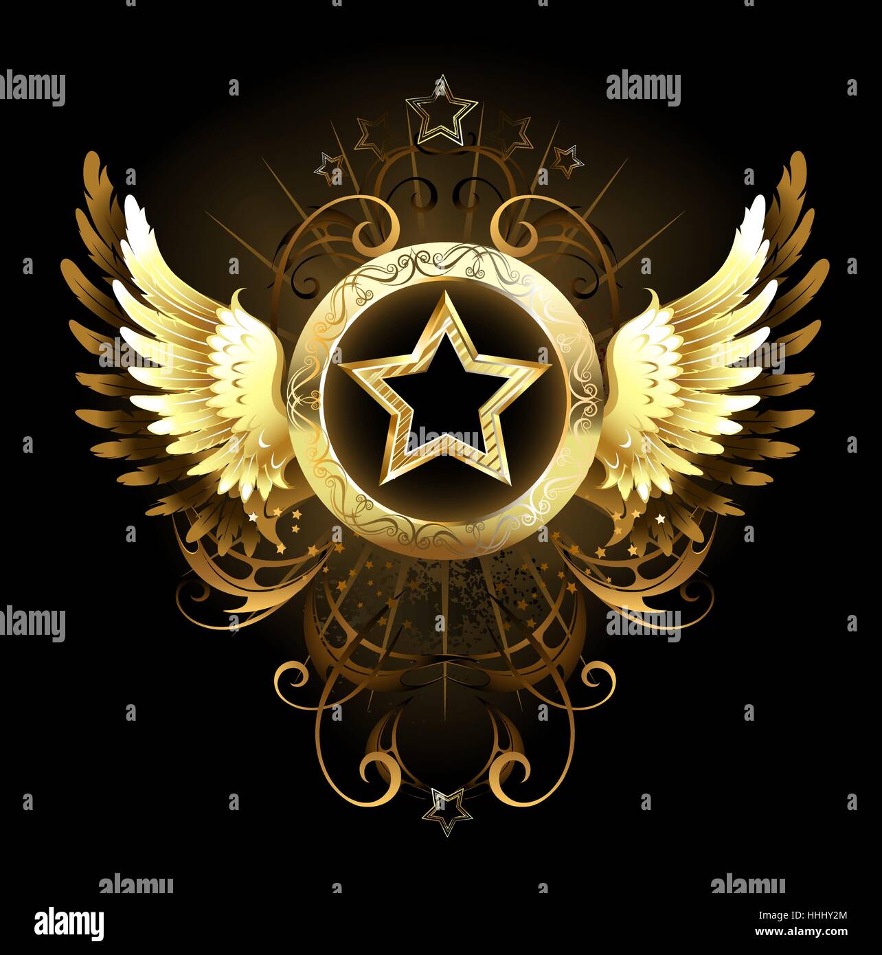 Gold Star avec un bandeau circulaire, décoré avec des ailes d'or et un motif sur un fond noir Illustration de Vecteur