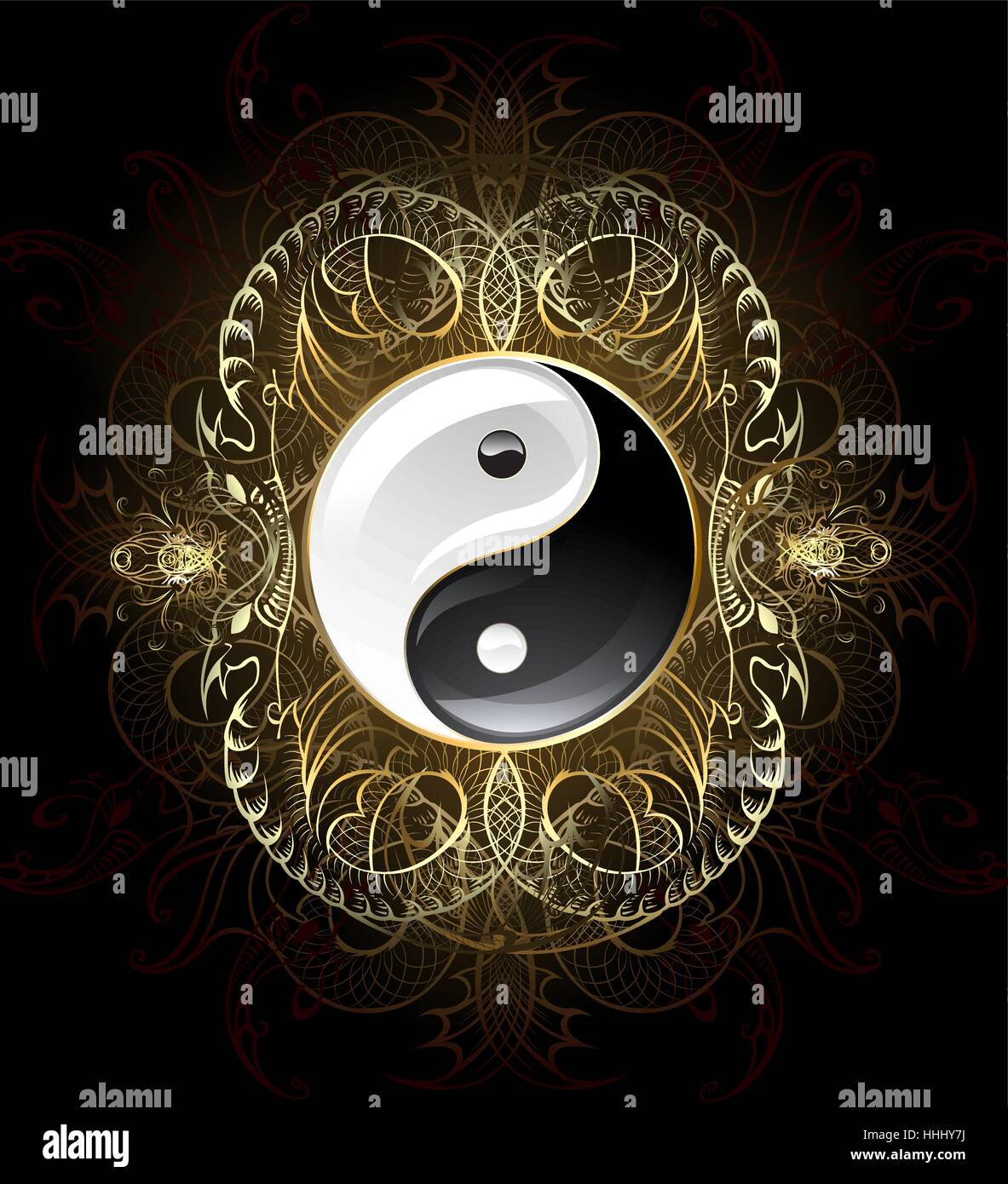 Yin Yang symbole sur un fond sombre , décorés avec de l'or abstract pattern d'êtres abstraits. Illustration de Vecteur