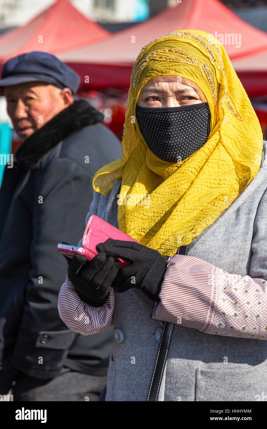 Les groupes ethniques chinois femme avec téléphone mobile, Yinchuan, Ningxia Province, China Banque D'Images