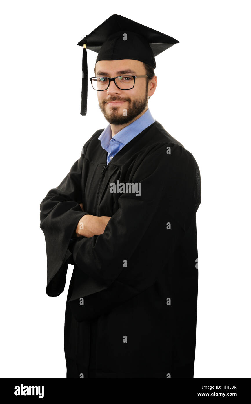 Études supérieures étudiants portant robe et cap isolé sur fond blanc Banque D'Images