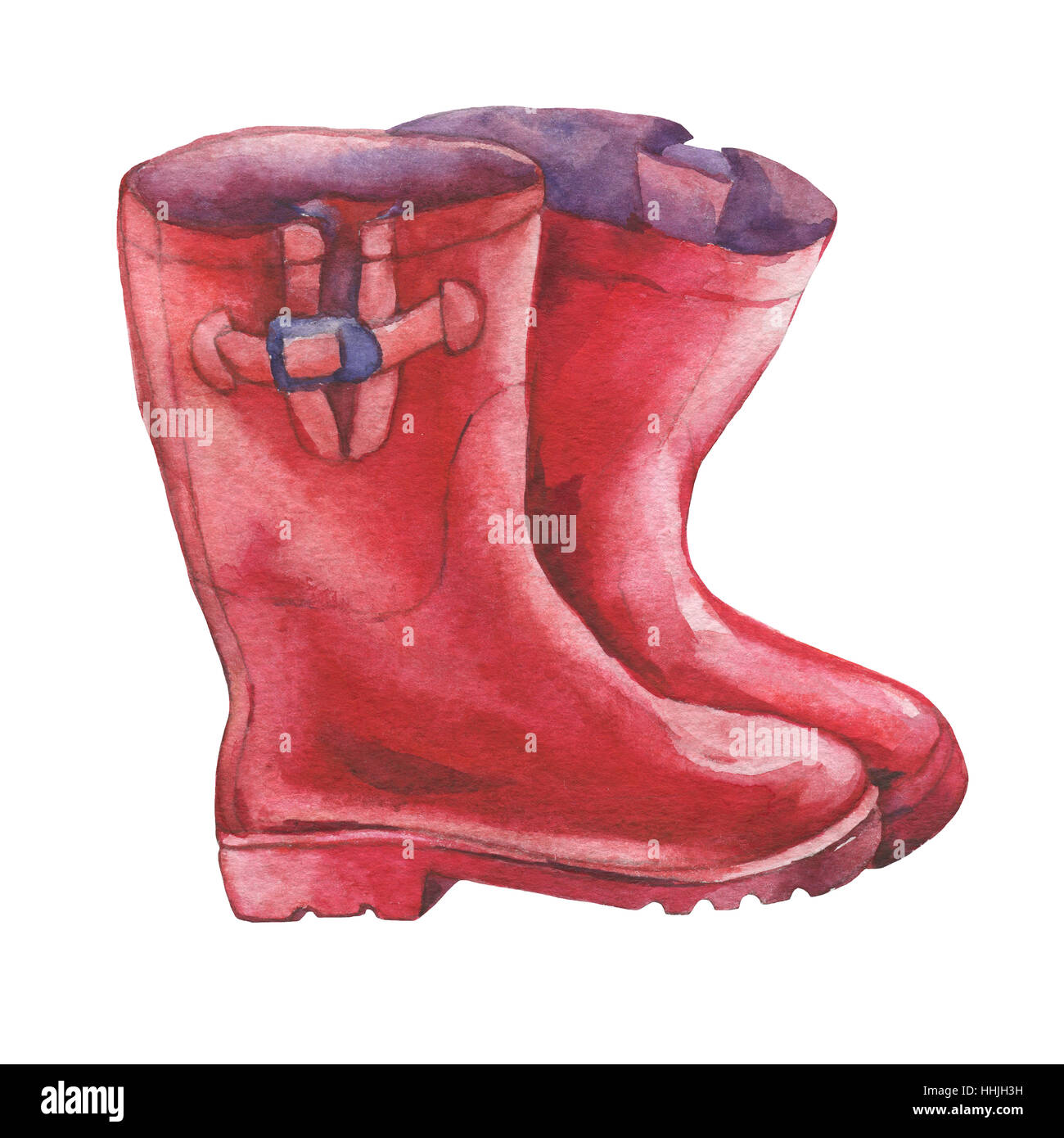 Paire de bottes en caoutchouc rouge. La main de l'aquarelle sur fond blanc. Banque D'Images