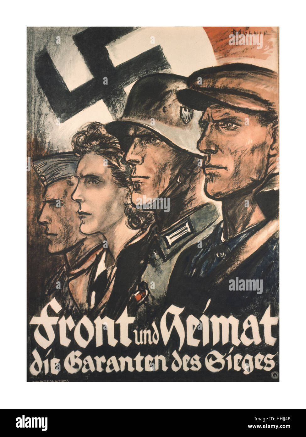 WW2 affiche de propagande allemande avec Drapeau à croix gammée nazie avant 'Heimat und die Garanten des sièges' [La ligne de front et le pays d'accueil sont les garants pour la victoire] Banque D'Images
