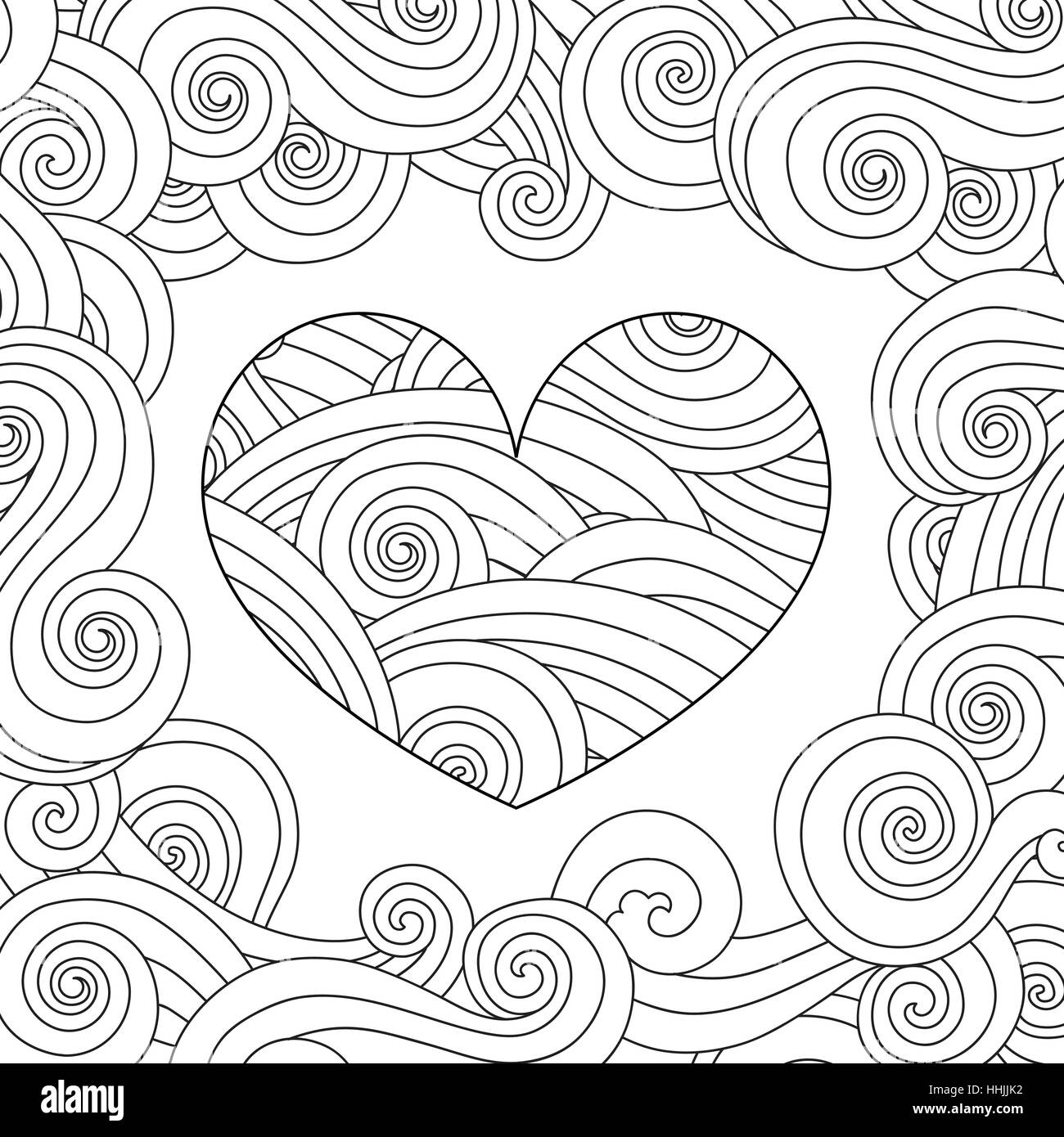 Coloriage avec cœur et l'ornement. curly wave Illustration de Vecteur