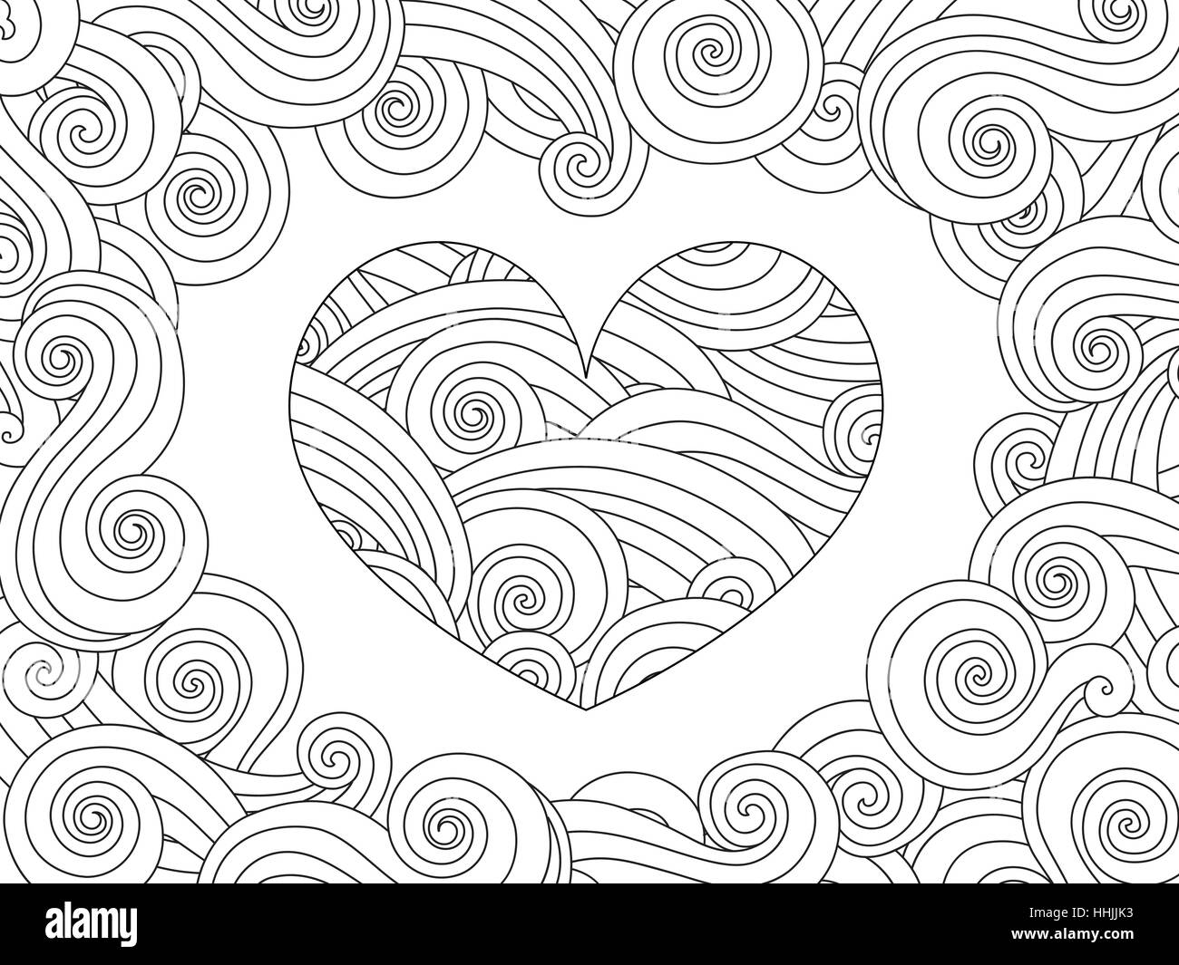 Coloriage avec cœur et l'ornement. curly wave Illustration de Vecteur