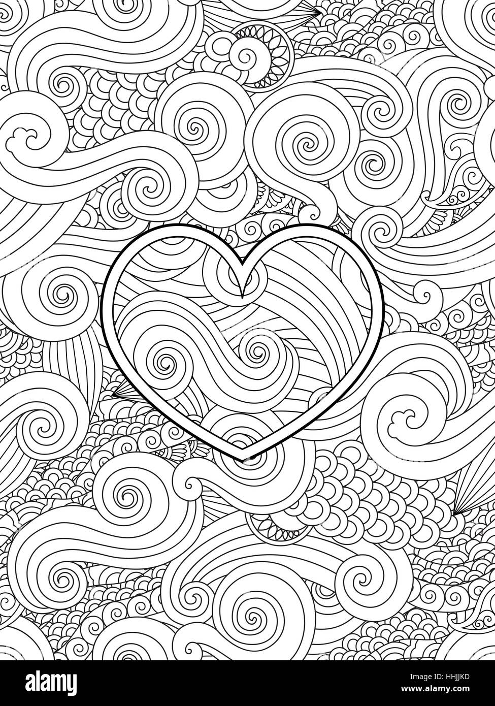 Coloriage avec cœur et vague asiatique curl ornement. Happy Valentine day carte amour. Illustration de Vecteur