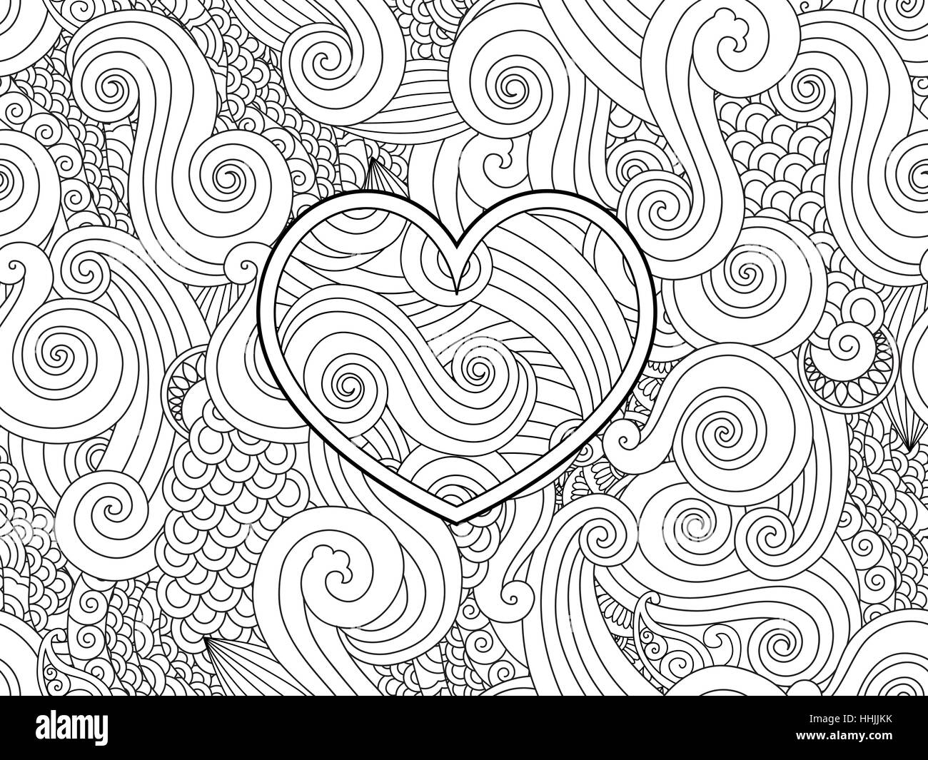 Coloriage avec cœur et vague asiatique curl ornement. Happy Valentine day carte amour. Illustration de Vecteur