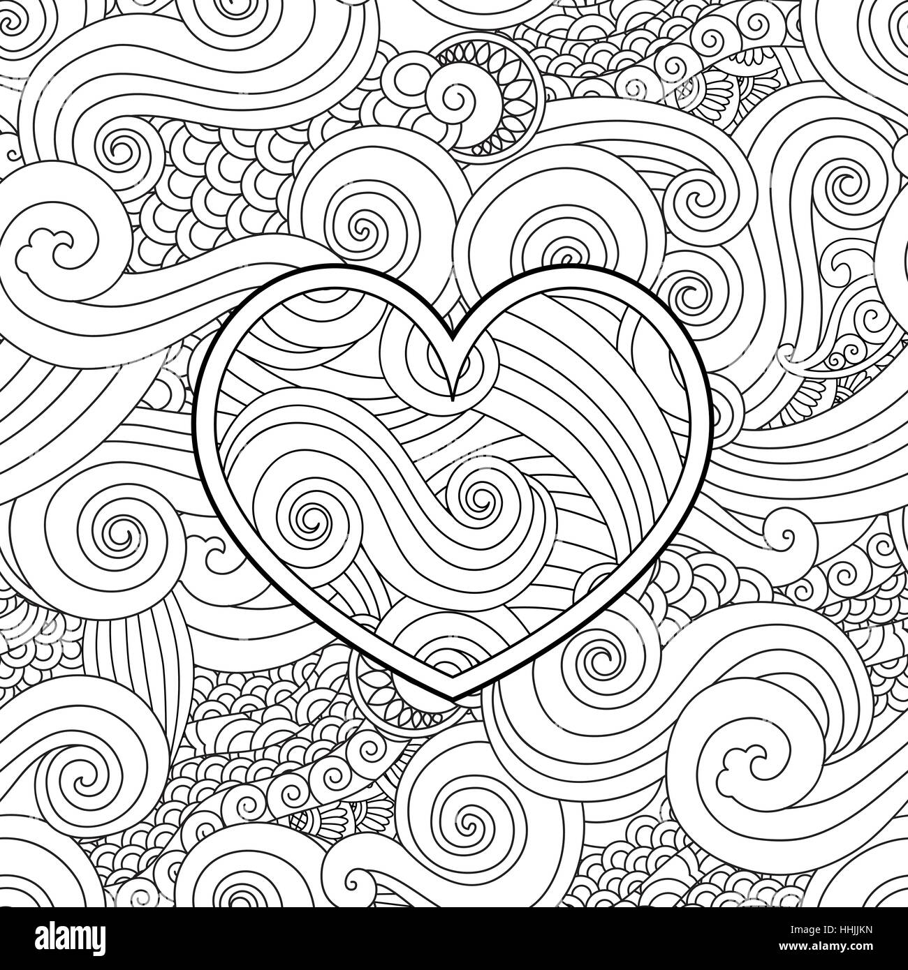 Coloriage avec cœur et vague asiatique curl ornement. Happy Valentine day carte amour. Illustration de Vecteur