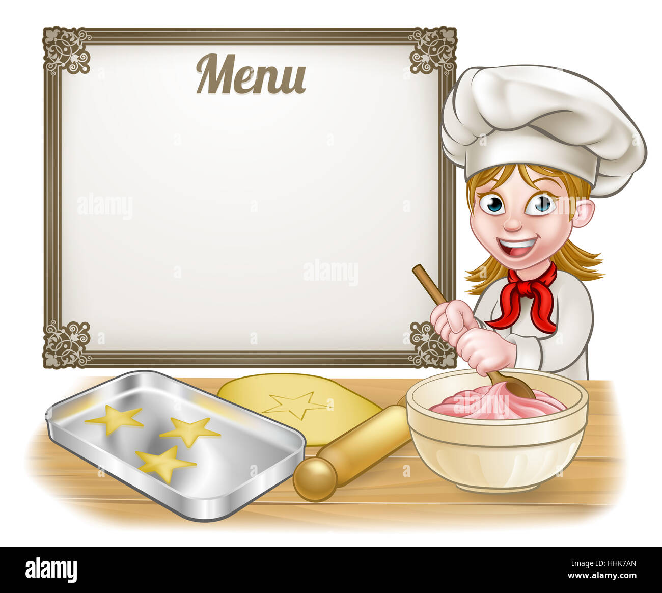 Boulanger pâtissier ou femme personnage avec un menu Se connecter à l'arrière-plan Banque D'Images