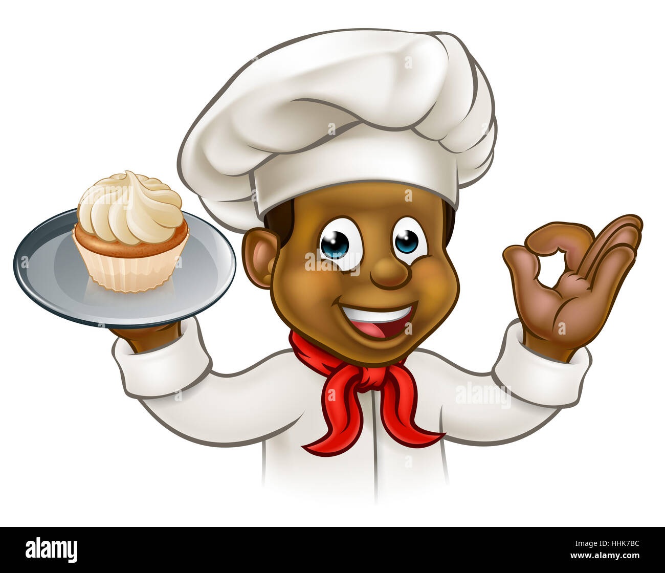 Un cartoon pâtissier noir ou caractère baker holding a plate avec un petit gâteau ou fairy cake sur elle Banque D'Images