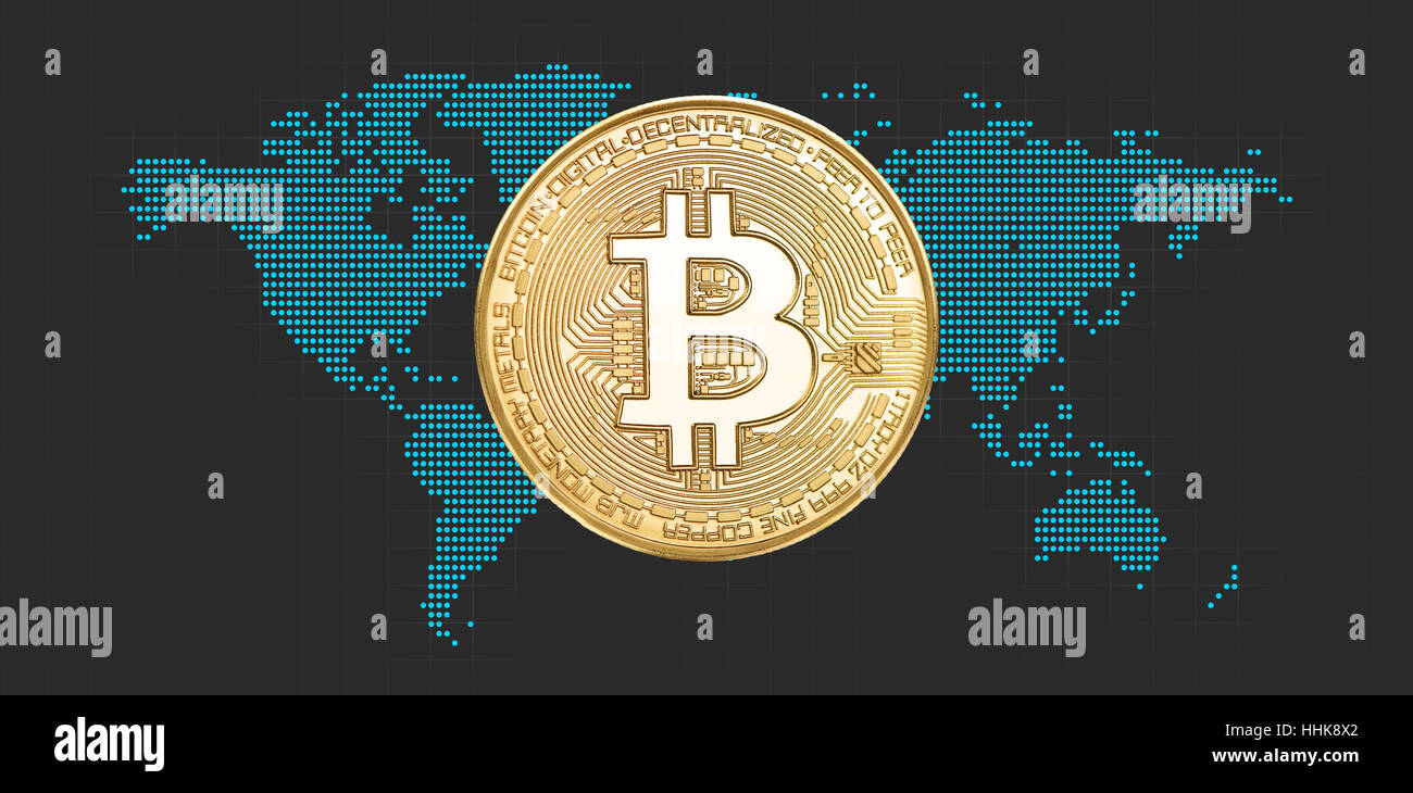 Bitcoin. Le concept de monnaie électronique. Carte du monde en pointillés Banque D'Images