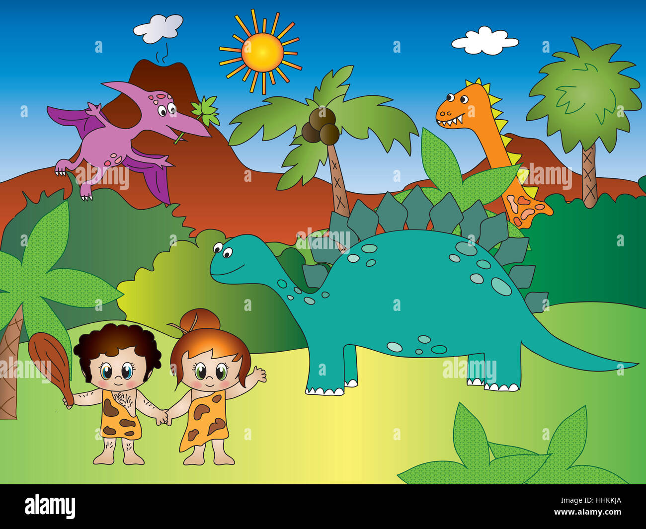 Funny cartoon avec les dinosaures et les hommes primitifs Banque D'Images