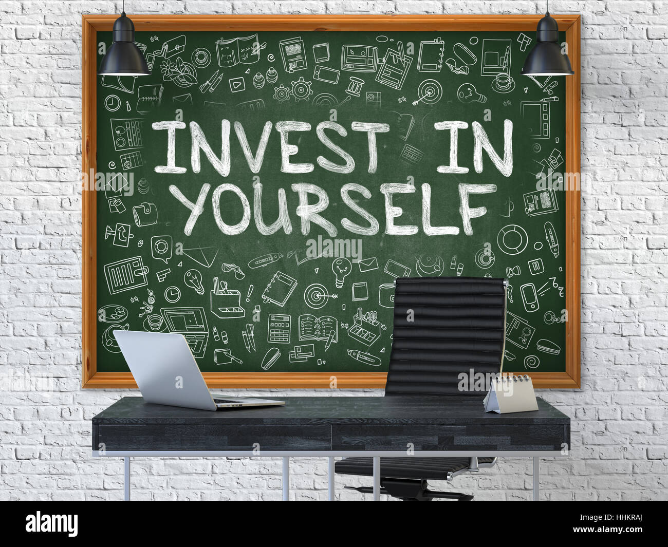 Investir dans vous-même dessiné à la main sur Office Tableau. 3D. Banque D'Images