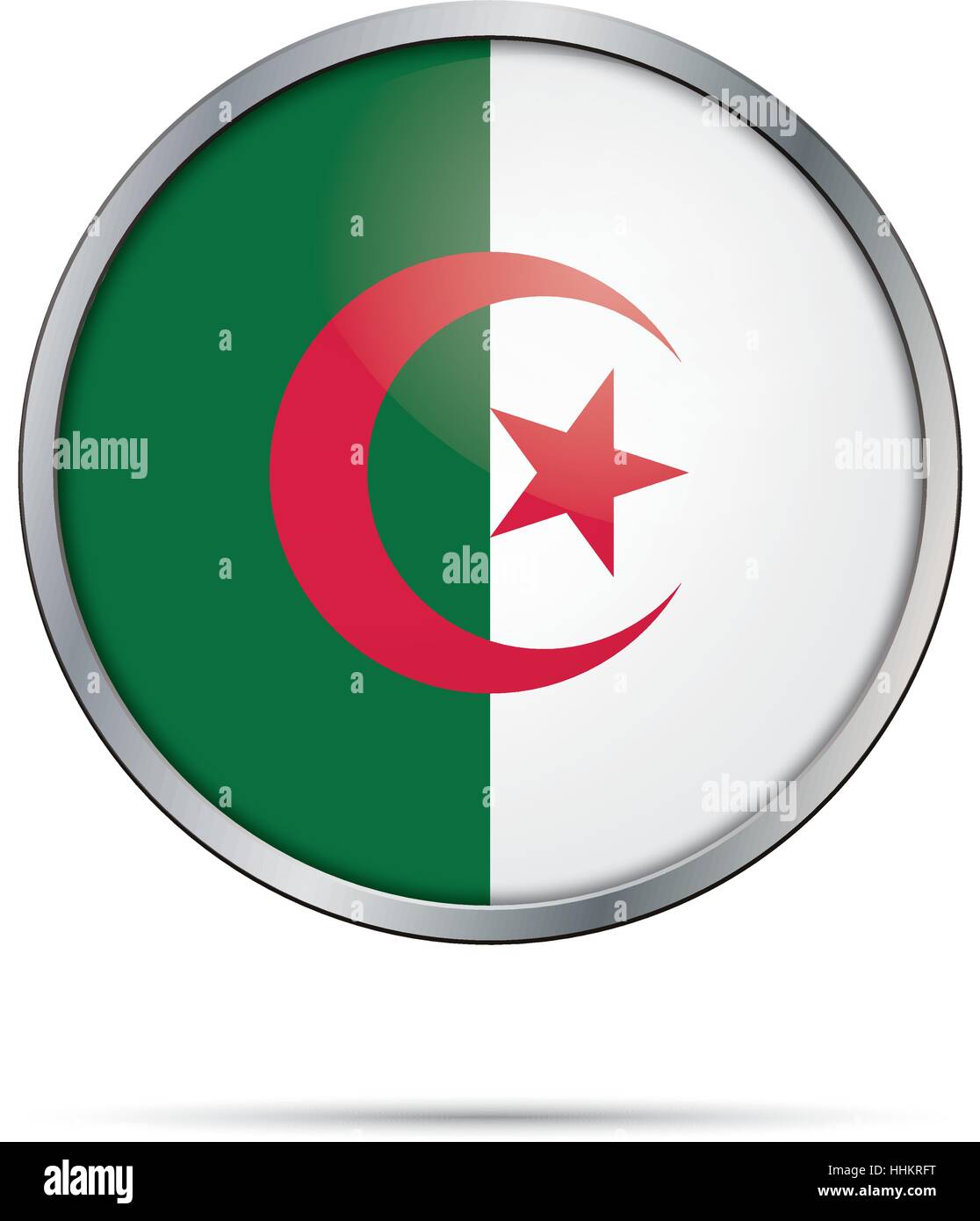 Bouton vecteur drapeau algérien. L'Algérie drapeau dans le style de bouton en verre avec cadre en métal Illustration de Vecteur