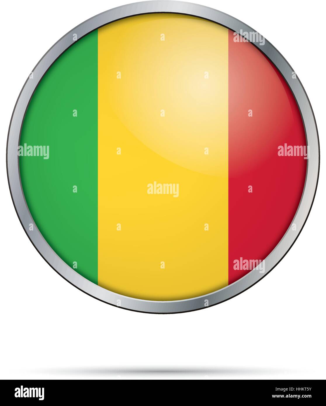 Bouton drapeau malien de vecteur. Mali drapeau dans le style de bouton en verre avec cadre en métal Illustration de Vecteur