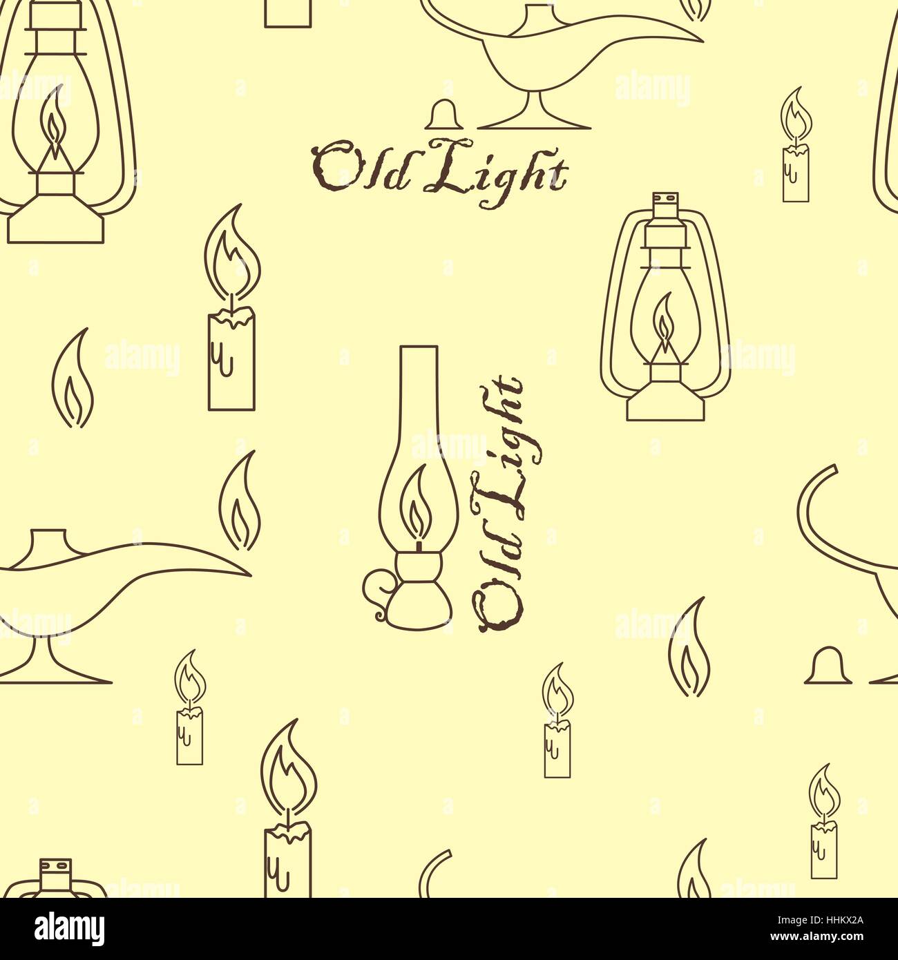 Sources de lumière vieux modèle transparent beige sur fond jaune. Vector illustration. Lampe à huile, bougie, feu. Illustration de Vecteur
