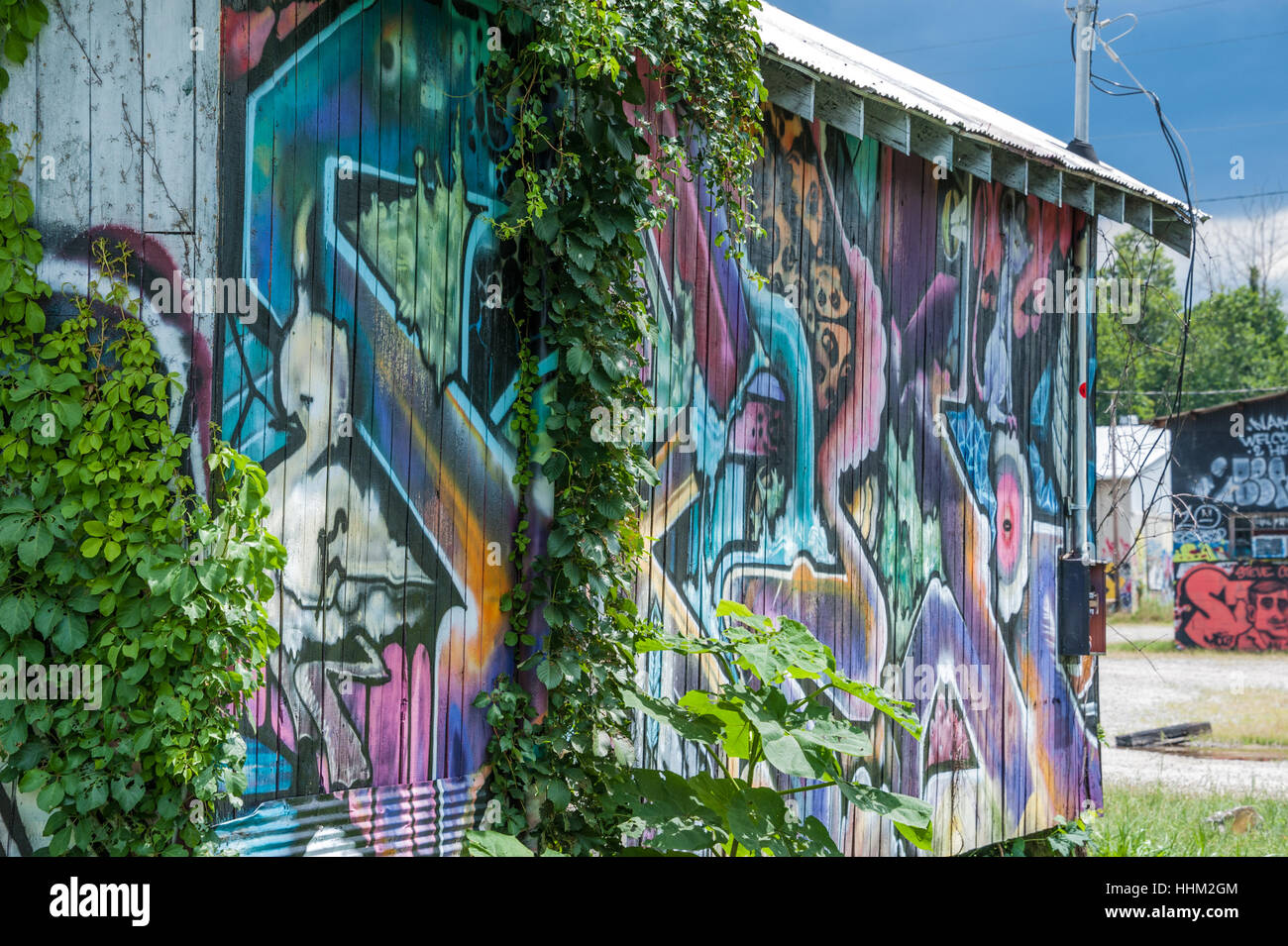 Bâtiments Graffiti dans la rivière Arts District de Asheville, Caroline du Nord, USA. Banque D'Images