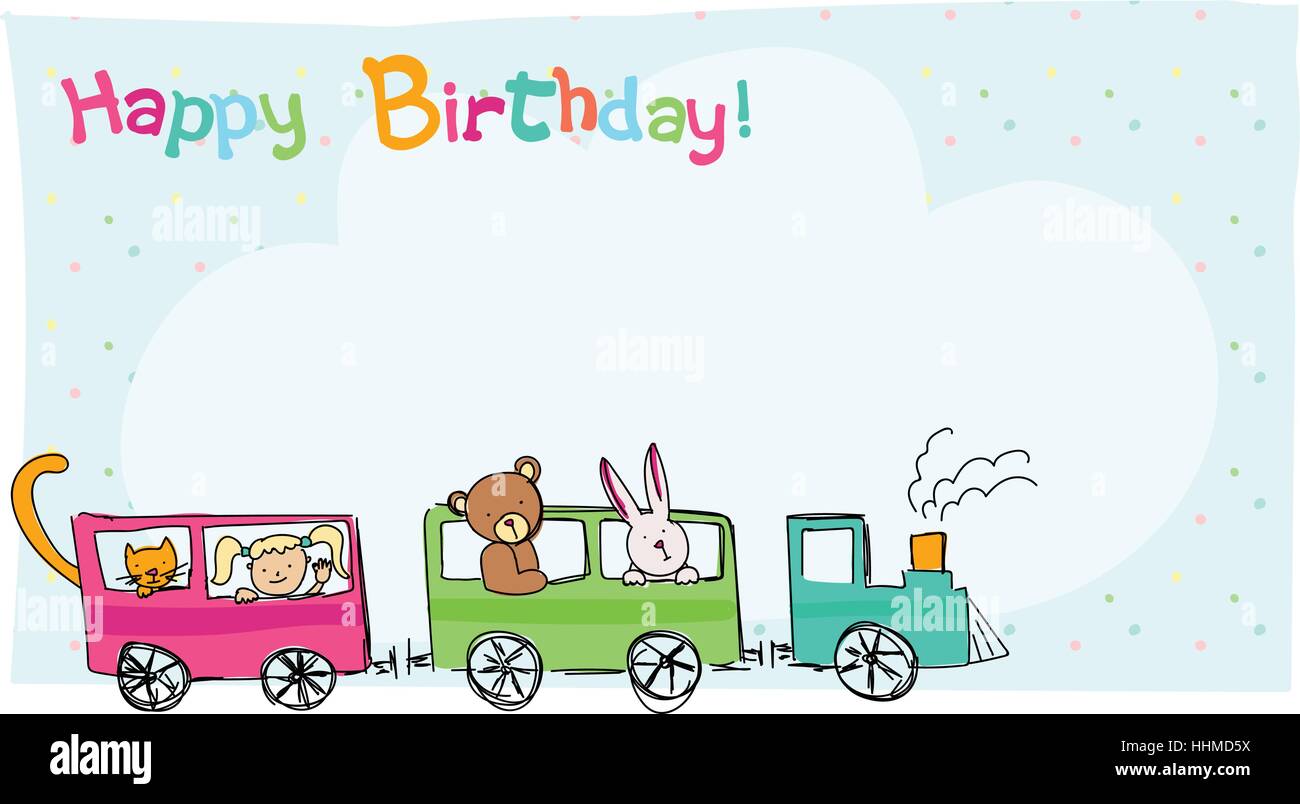 Carte D Anniversaire Avec Une Illustration D Un Train Bunny Ours Chat Et D Un Sweet Girl Image Vectorielle Stock Alamy