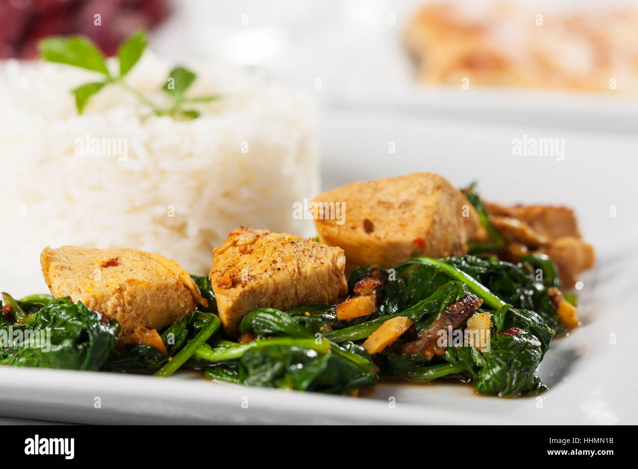 Poulet, épinards, curry, riz, épices, libre, vert, l'asiatique, l'assiette, Banque D'Images