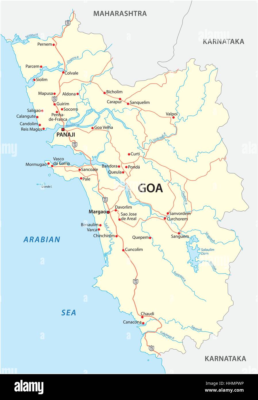 Vector carte routière de l'état de Goa Illustration de Vecteur