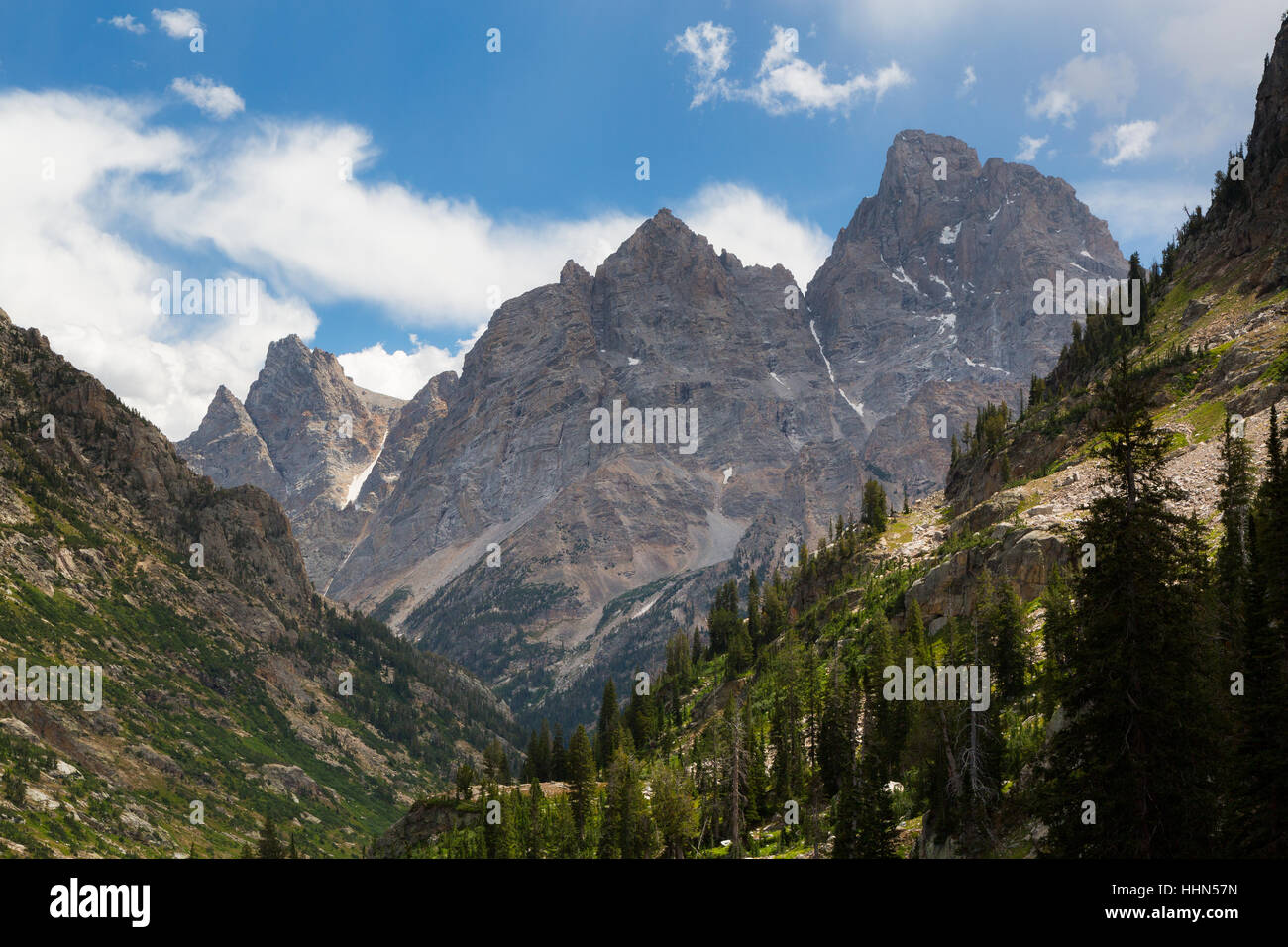 Le Grand Teton, le Mont Owen, et des pics de Teewinot Teton au-dessus de l'embranchement nord de canyon Cascade. Parc National de Grand Teton, Wyoming Banque D'Images