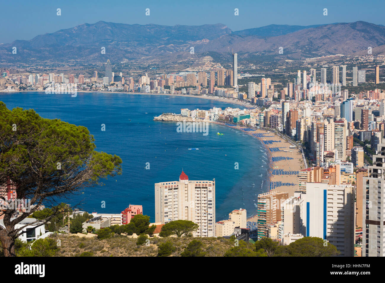Benidorm, Costa Blanca, Alicante, Province de l'Espagne. Vue générale montrant l'avant-plan de la plage de Levante et la plage de Poniente en arrière-plan. Banque D'Images