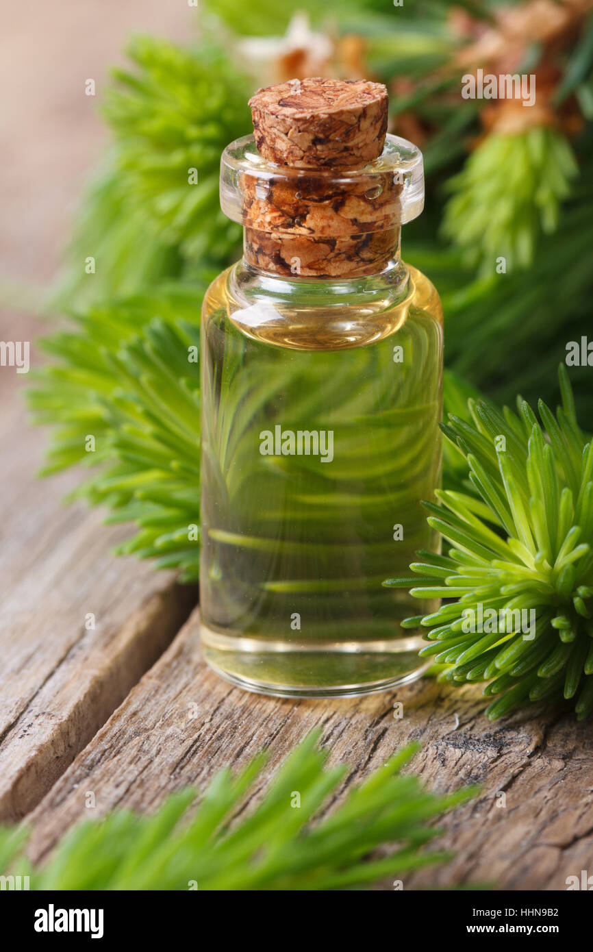 L'huile essentielle d'épinette aromatiques gros plan sur une table en bois vertical. Banque D'Images