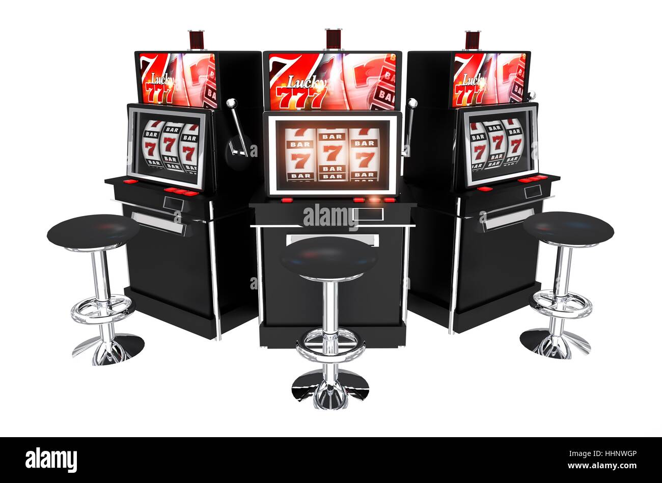 Trois machines à sous Casino isolé sur fond blanc. Les connecteurs 3D Render Illustration. Banque D'Images