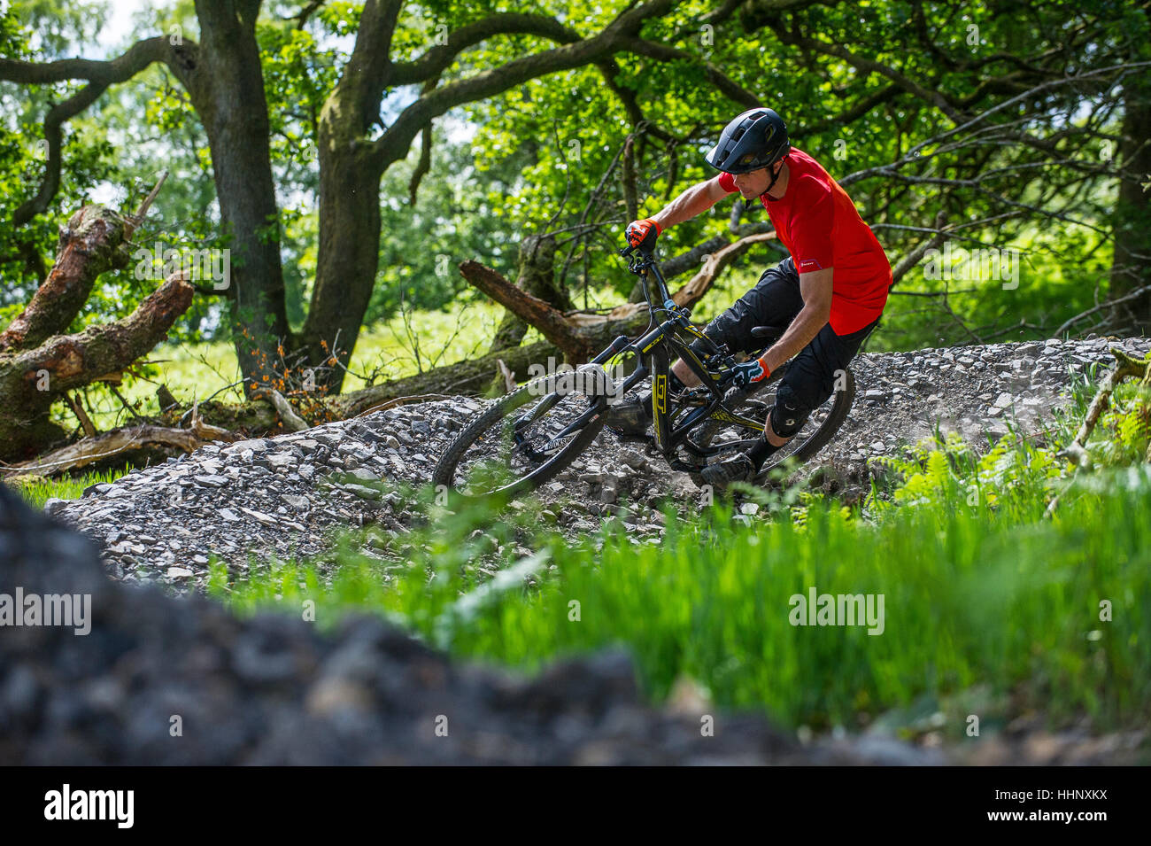 Un vélo de montagne monte un sentier au Bikepark de galles près de la ville de Merthyr Tydfil au Pays de Galles. Banque D'Images