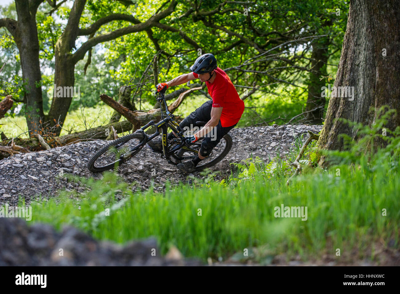 Un vélo de montagne monte un sentier au Bikepark de galles près de la ville de Merthyr Tydfil au Pays de Galles. Banque D'Images