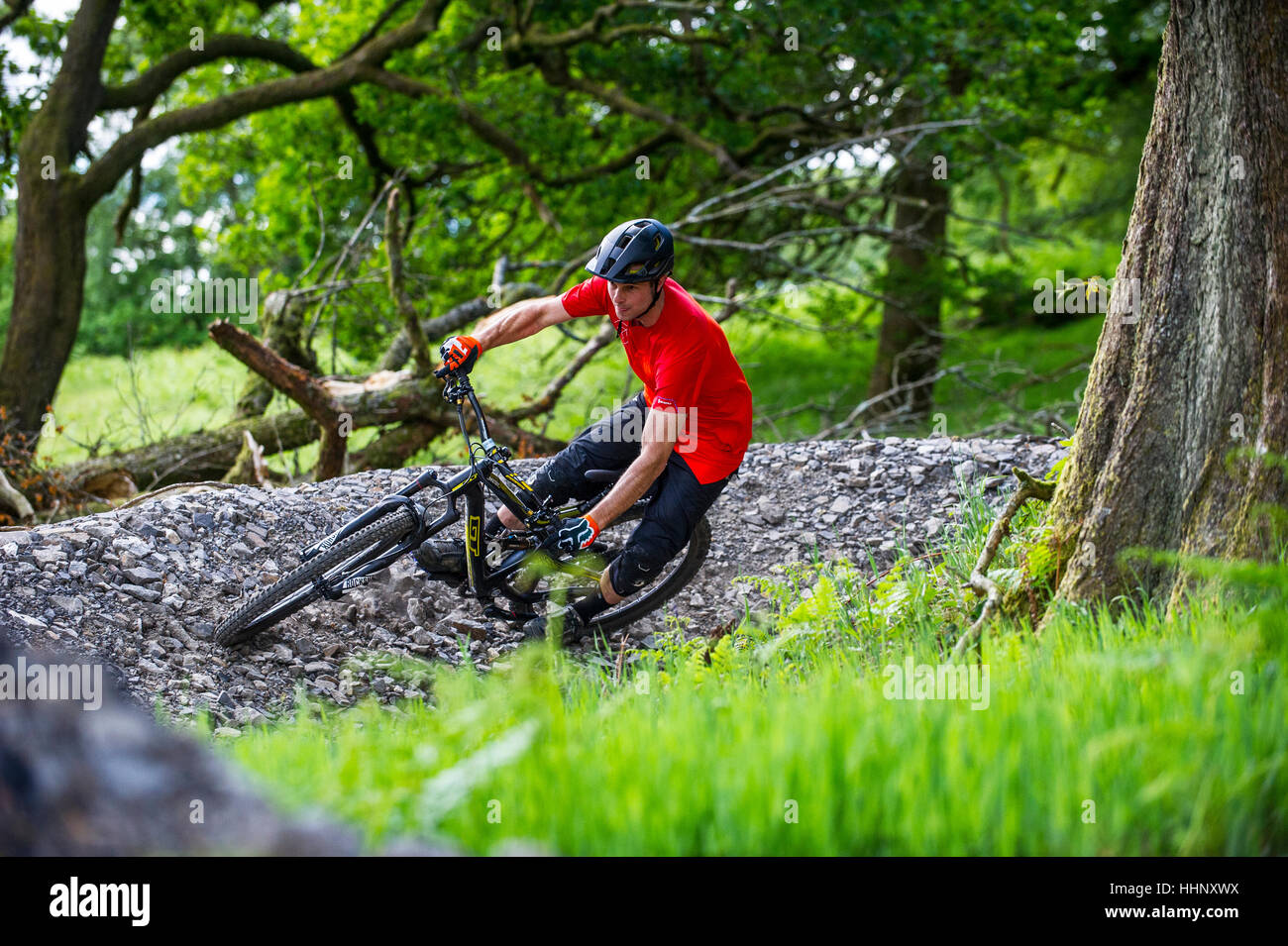 Un vélo de montagne monte un sentier au Bikepark de galles près de la ville de Merthyr Tydfil au Pays de Galles. Banque D'Images