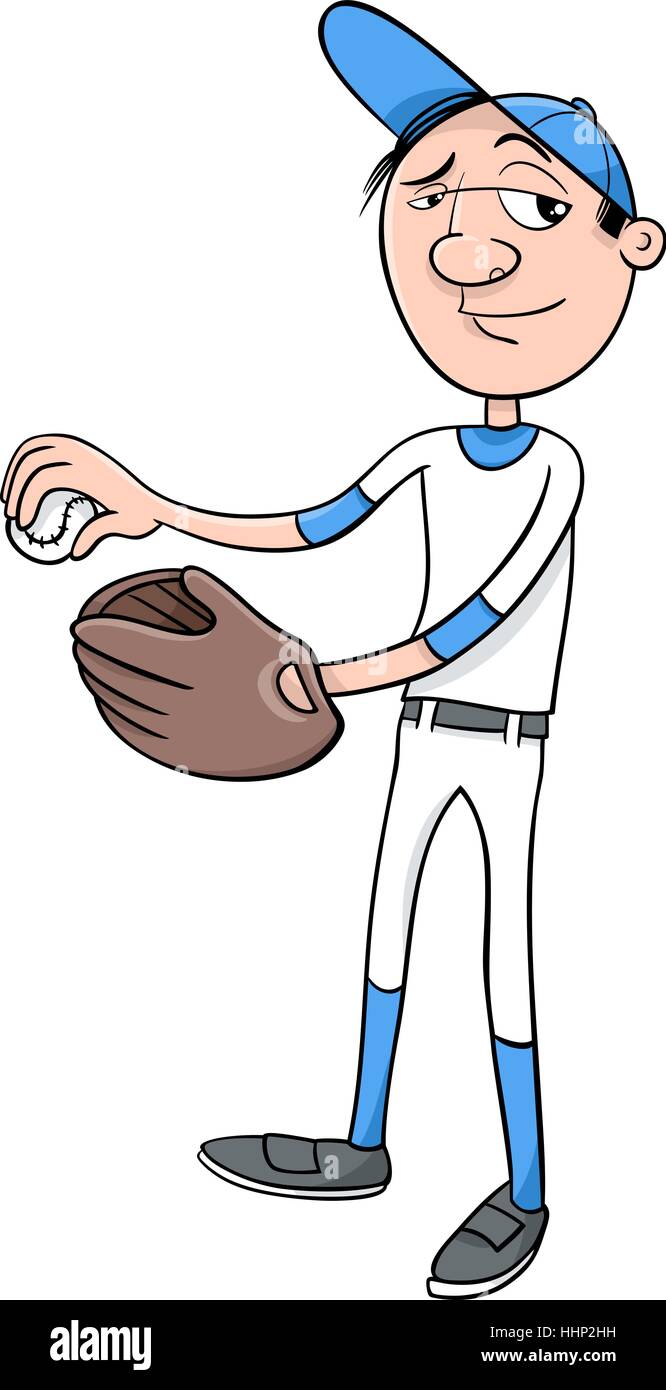 Cartoon illustration du caractère joueur de baseball Pitcher avec gant et balle Illustration de Vecteur