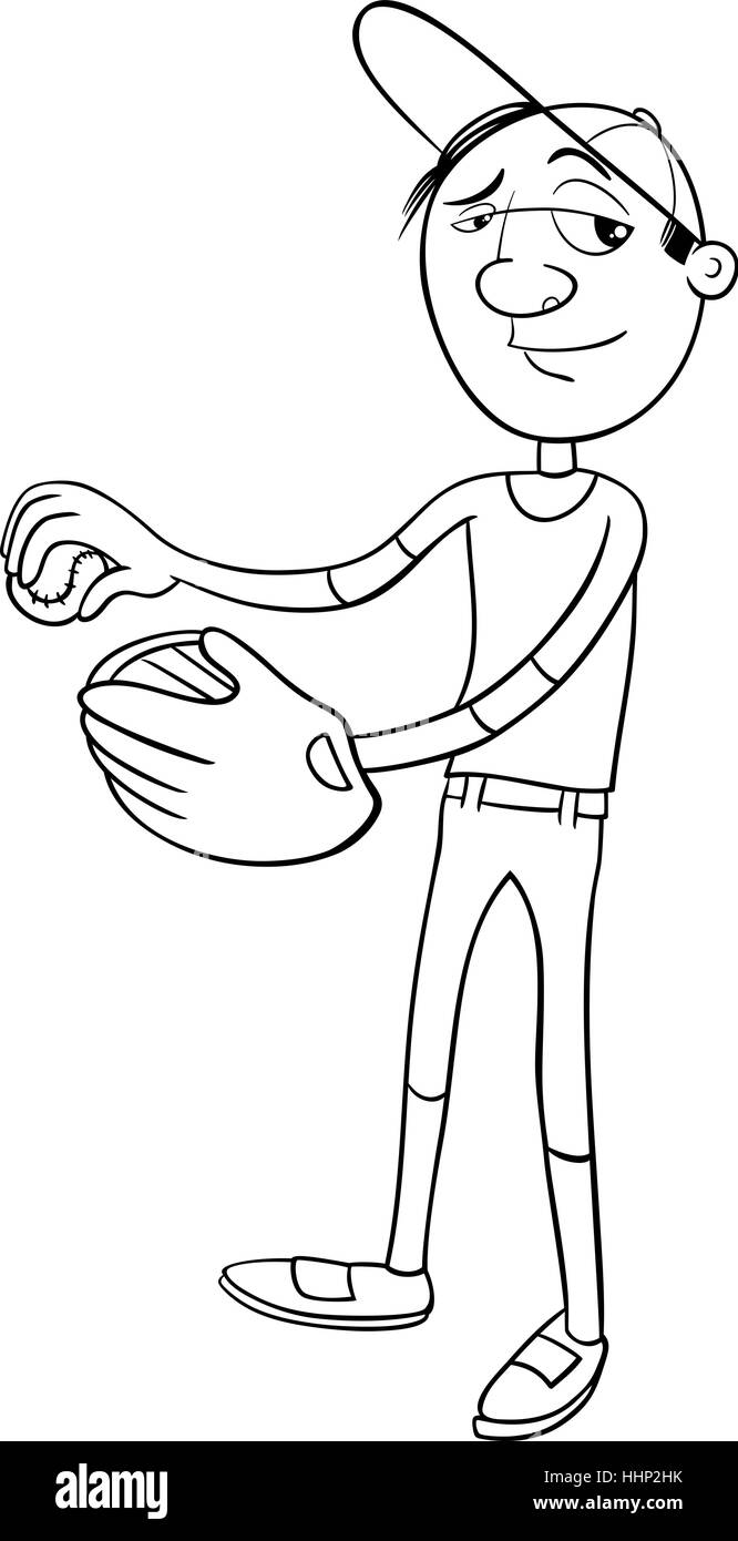 Cartoon noir et blanc illustration du caractère joueur de baseball Pitcher avec gant et balle à colorier Illustration de Vecteur